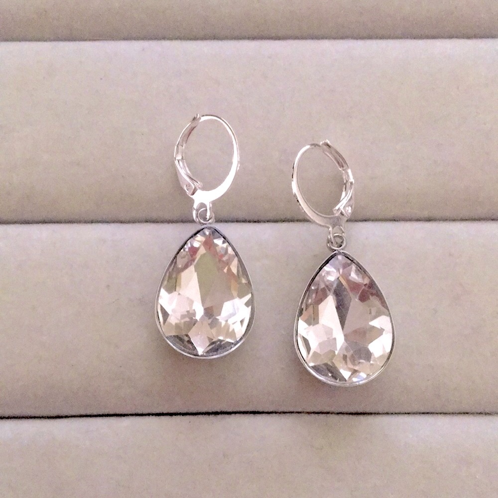 Silver + Stainless Steel Crystal Pear Drop Earrings - Picture 7 of 7